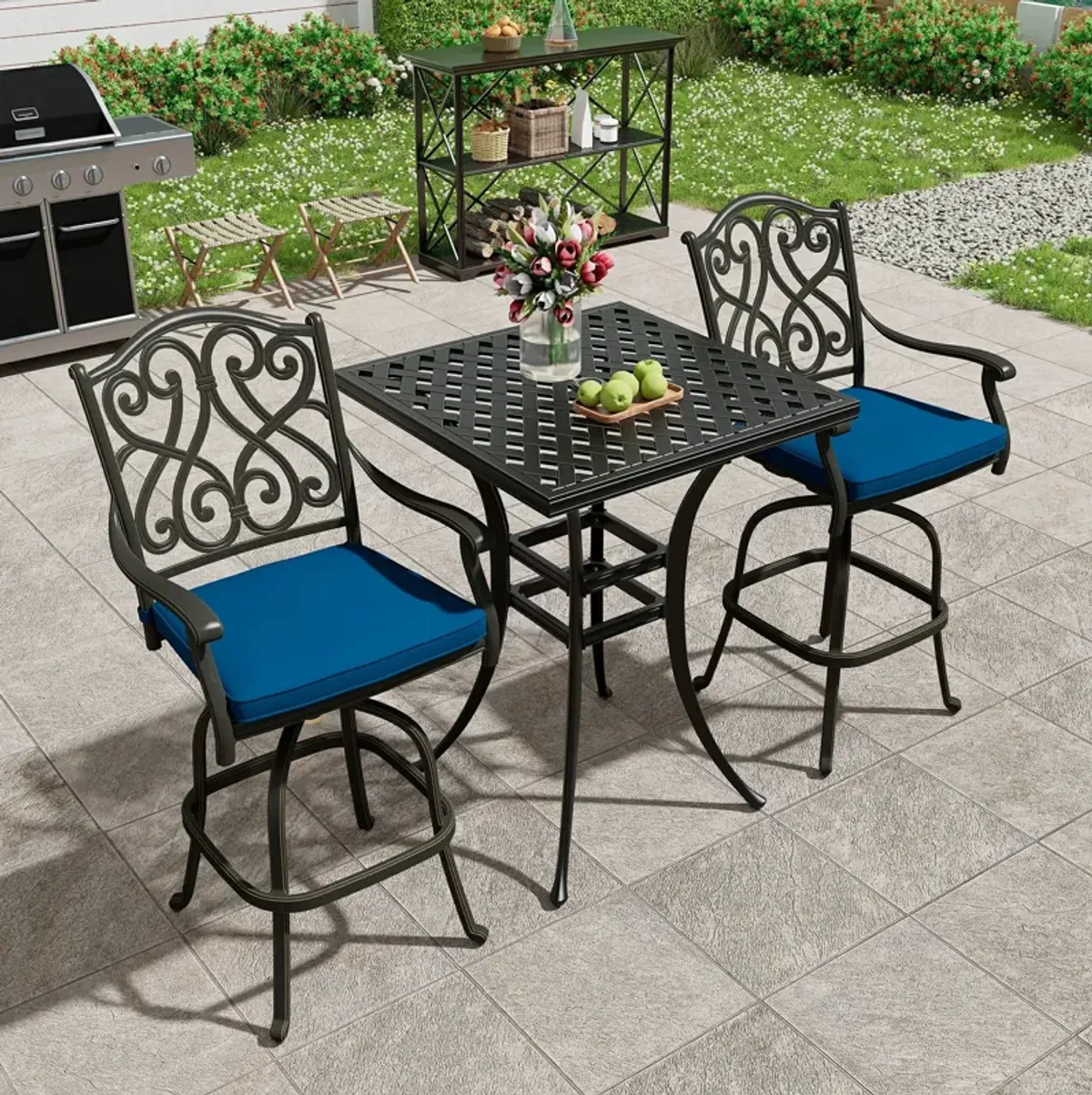 Mondawe3-Piece Patio Bistro Set Cast Aluminum 2 High Bar Swivel Chairs with Cushion and 1 Square Table