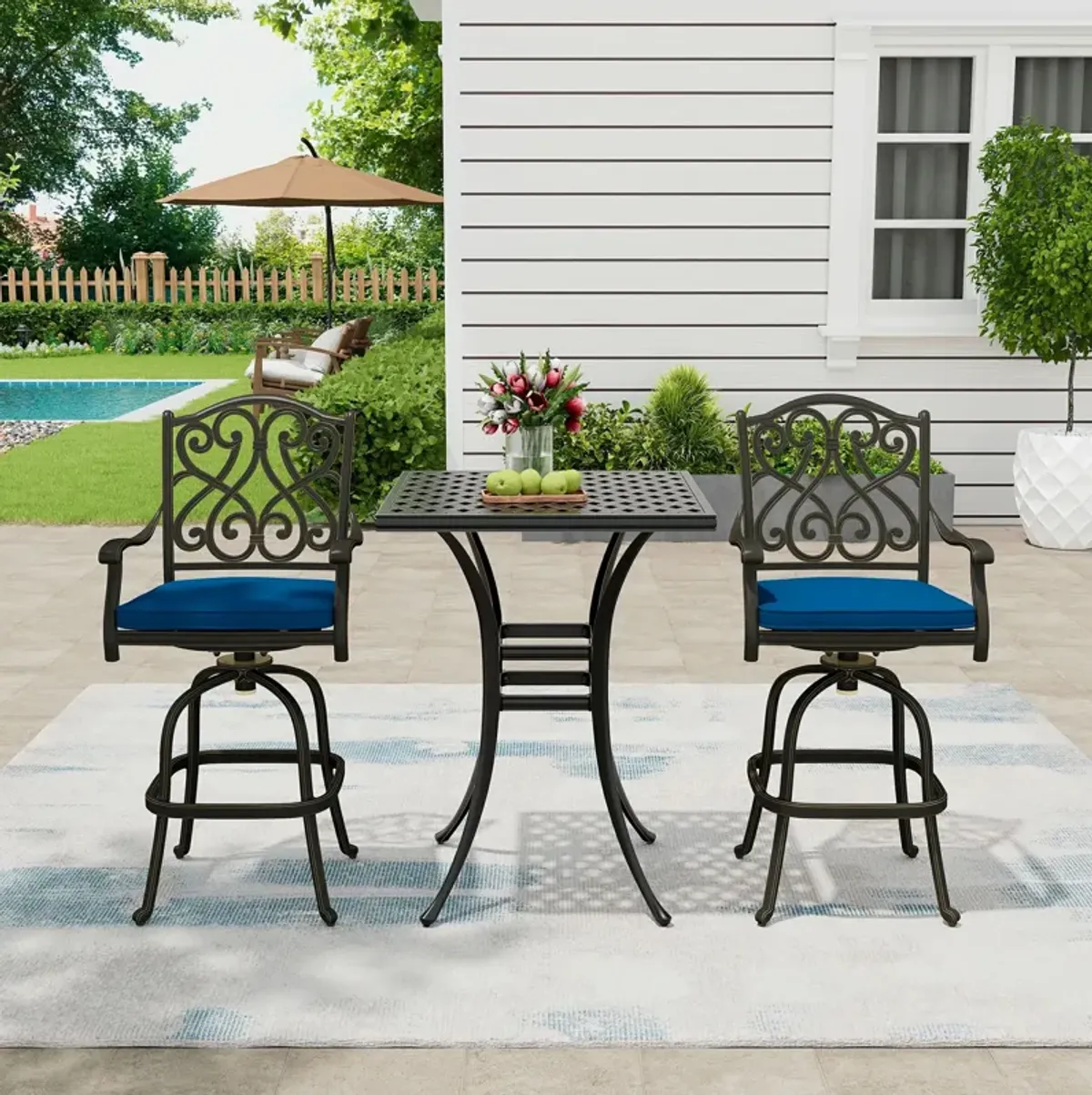 Mondawe3-Piece Patio Bistro Set Cast Aluminum 2 High Bar Swivel Chairs with Cushion and 1 Square Table