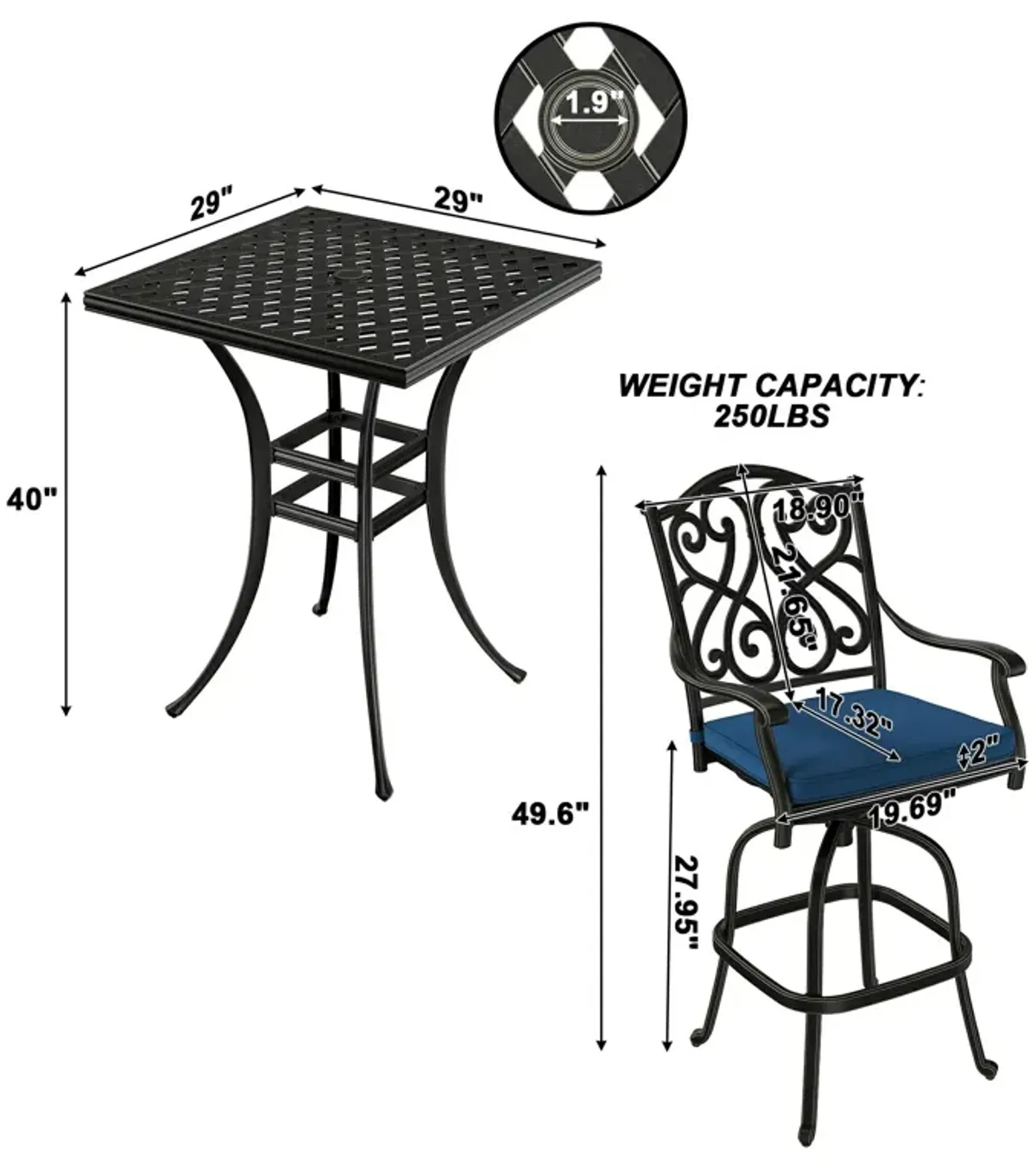 Mondawe3-Piece Patio Bistro Set Cast Aluminum 2 High Bar Swivel Chairs with Cushion and 1 Square Table