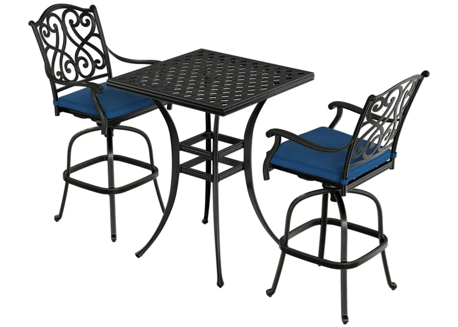 Mondawe3-Piece Patio Bistro Set Cast Aluminum 2 High Bar Swivel Chairs with Cushion and 1 Square Table