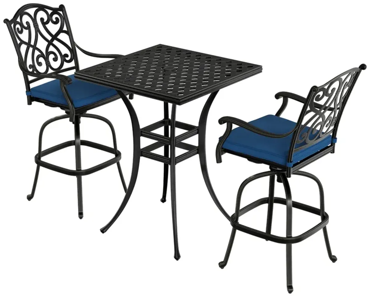 Mondawe3-Piece Patio Bistro Set Cast Aluminum 2 High Bar Swivel Chairs with Cushion and 1 Square Table