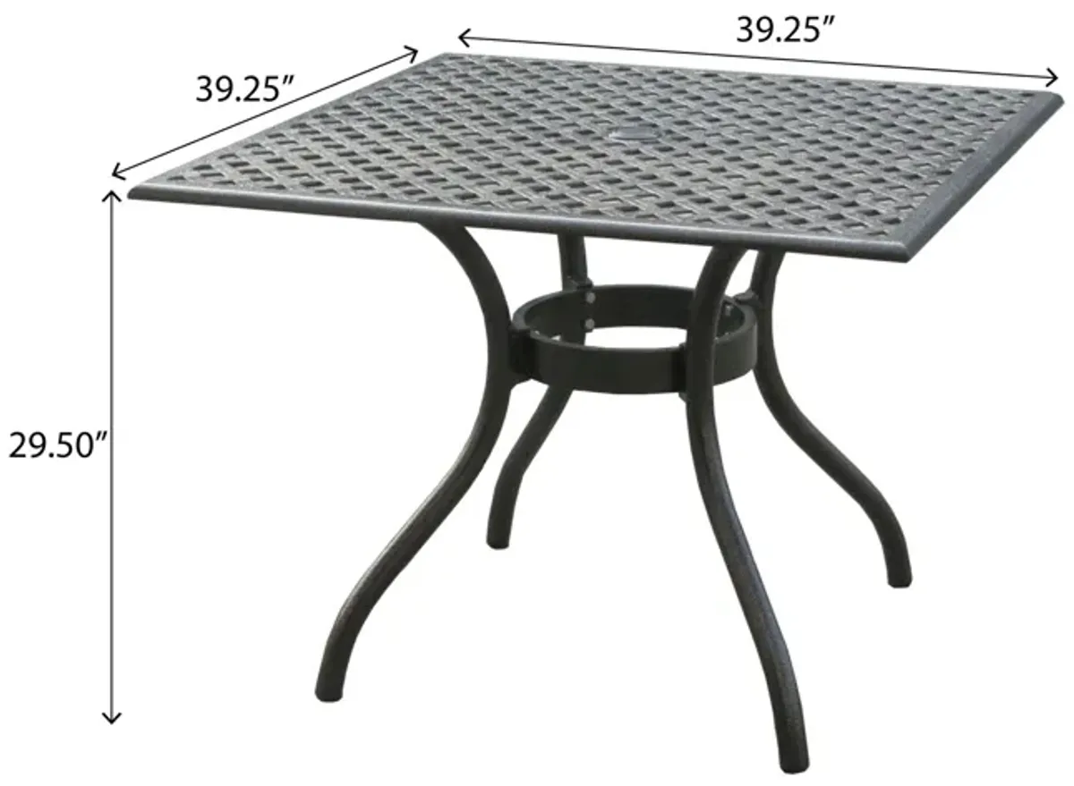 Cay Outdoor Dining Table, 40 Inch Square Top, Black Lattice Metal Design