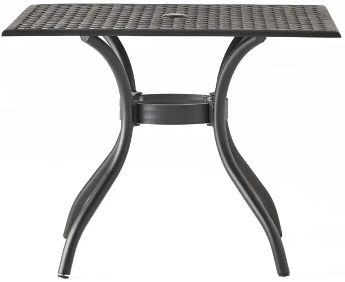 Cay Outdoor Dining Table, 40 Inch Square Top, Black Lattice Metal Design