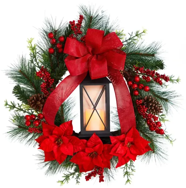 Nearly Natural 28-in Poinsettia and Berry Holiday Lantern Christmas Wreath with LED Candle