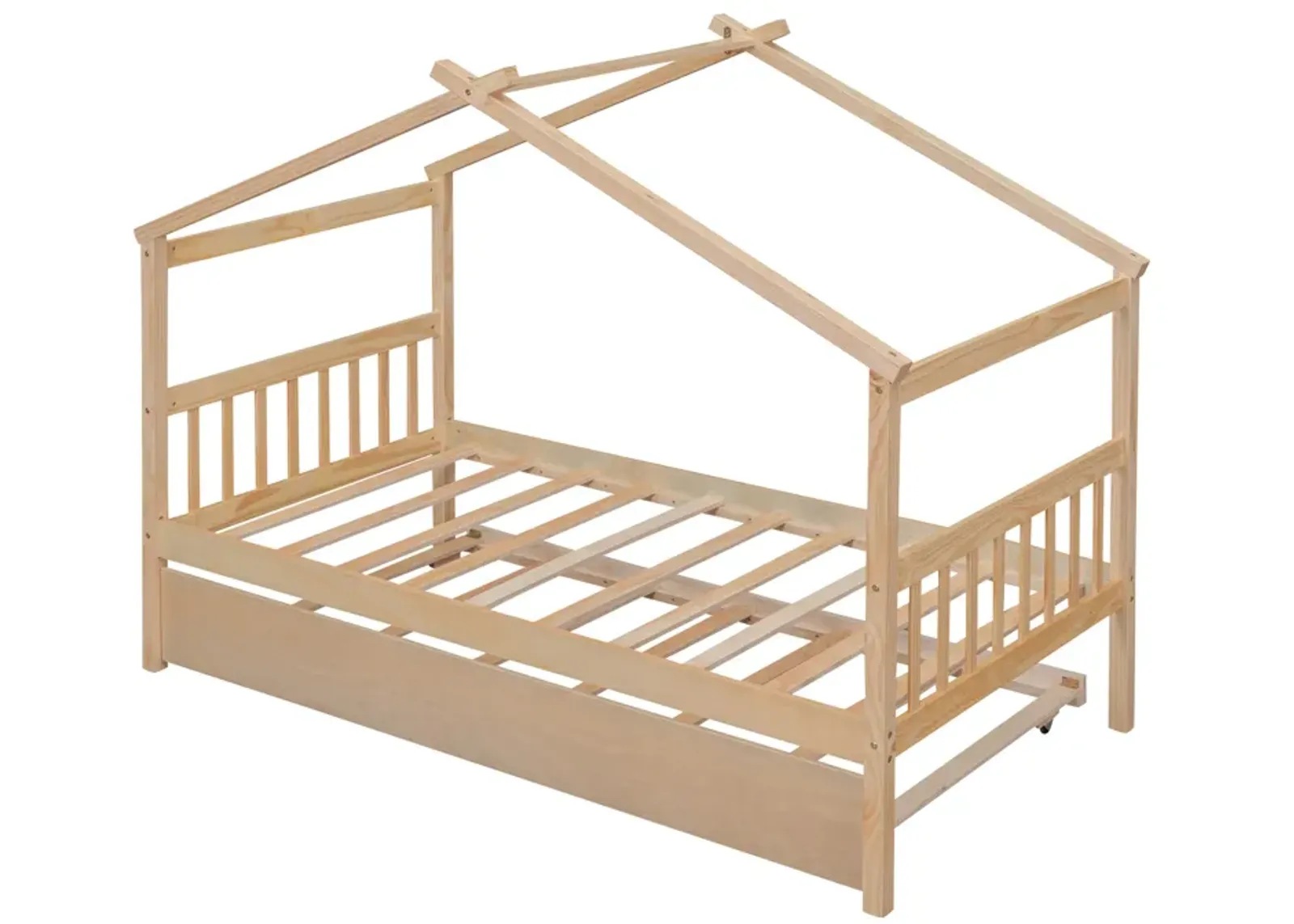 Twin Size Wooden House Bed With Twin Size Trundle, Natural