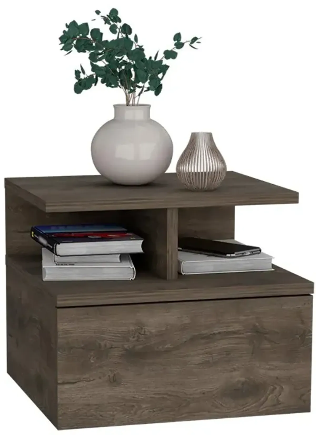 Nightstand, Wall Mounted with Single Drawer and 2-Tier Shelf, Dark Walnut