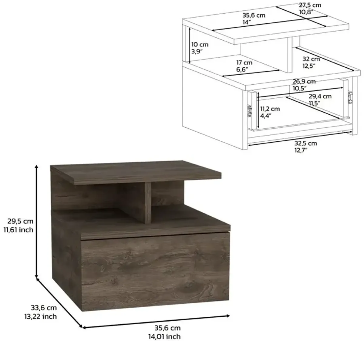 Nightstand, Wall Mounted with Single Drawer and 2-Tier Shelf, Dark Walnut