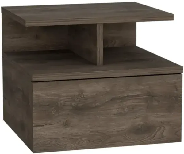 Nightstand, Wall Mounted with Single Drawer and 2-Tier Shelf, Dark Walnut