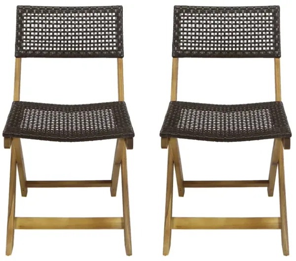 Bistro Side Chair, Foldable, Outdoor Gray Wicker Cane, Brown Acacia Wood - Benzara
