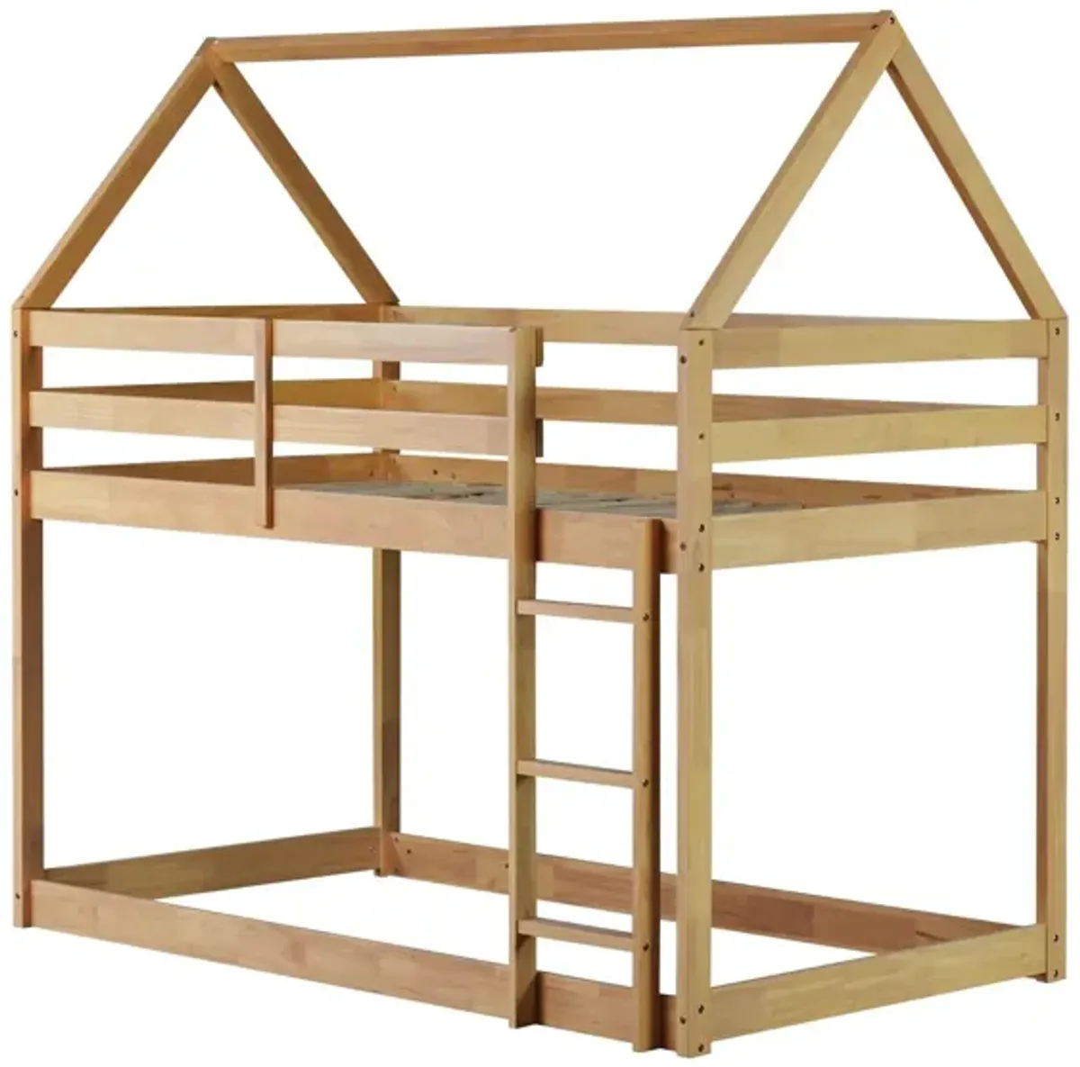 Whisen Twin over Twin Rubber Wood House-Shaped Floor Bunk Bed with ladder and Safety Guardrails - Gray