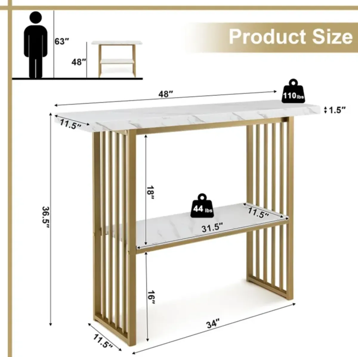 Hivvago 48 Inch 2-Tier Console Table with Gold Finished Frame