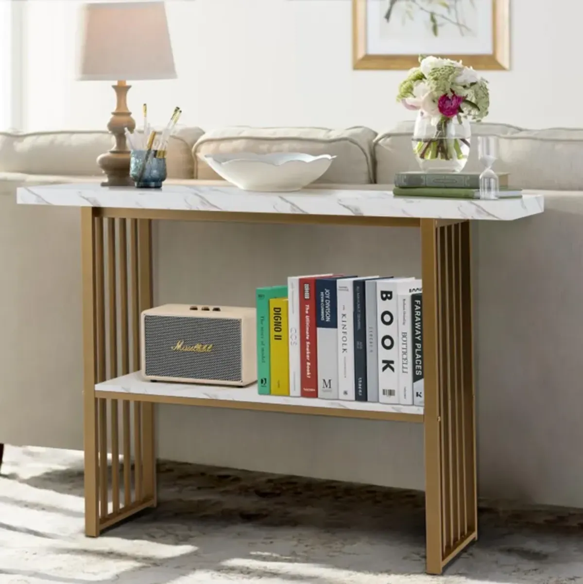 Hivvago 48 Inch 2-Tier Console Table with Gold Finished Frame