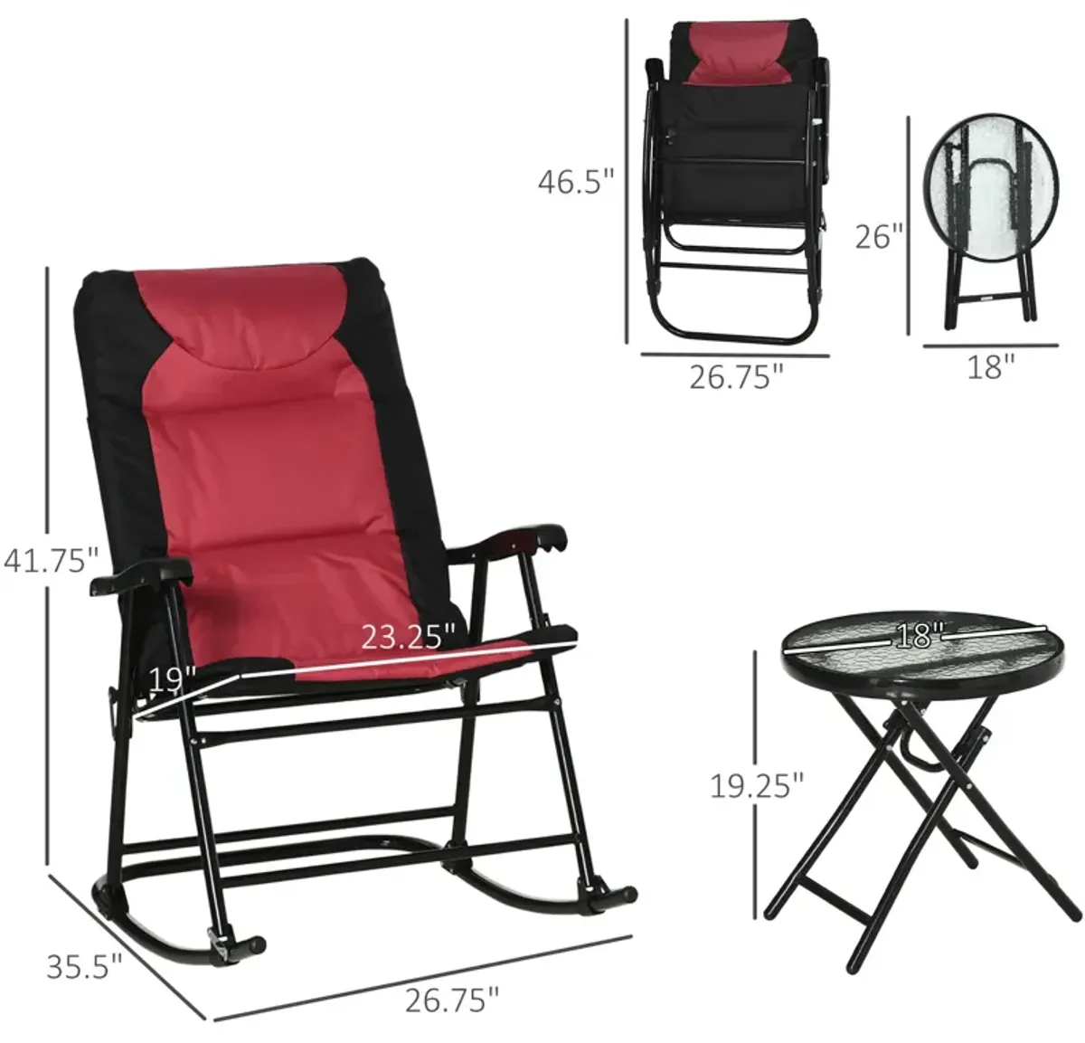 Red Bistro Trio: 3-Piece Patio Set with Glass Table & Rockers