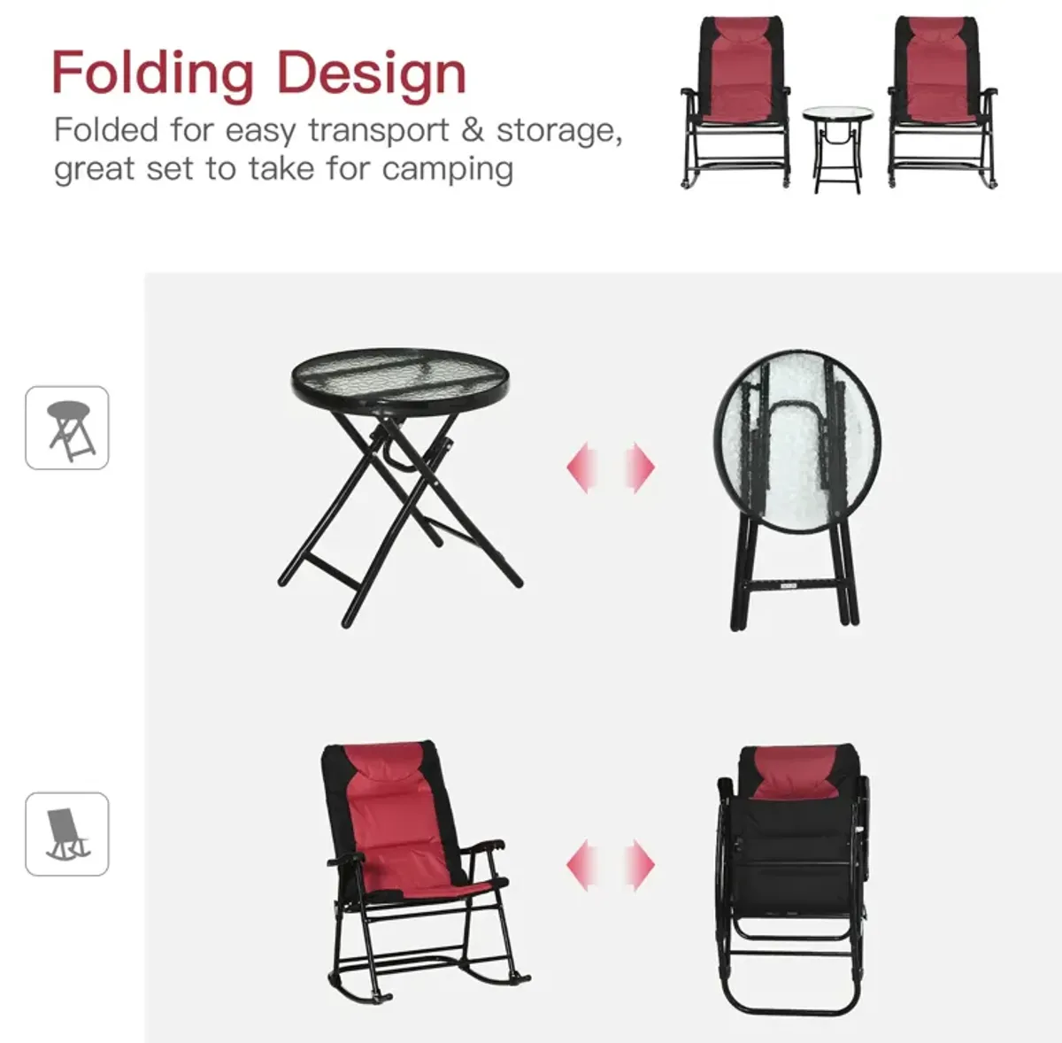 Red Bistro Trio: 3-Piece Patio Set with Glass Table & Rockers