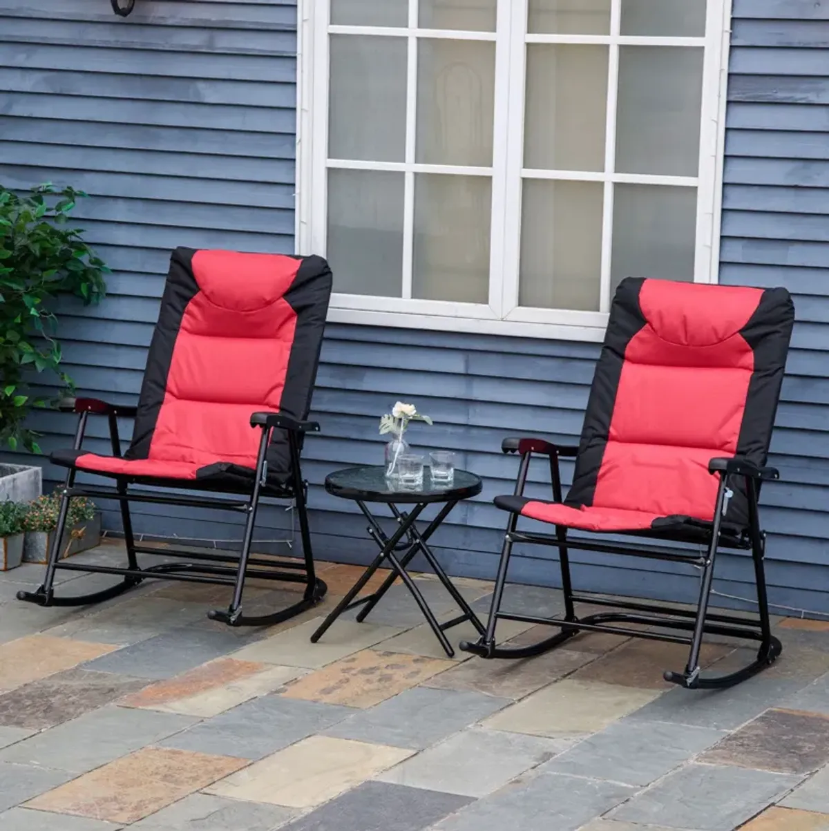 Red Bistro Trio: 3-Piece Patio Set with Glass Table & Rockers