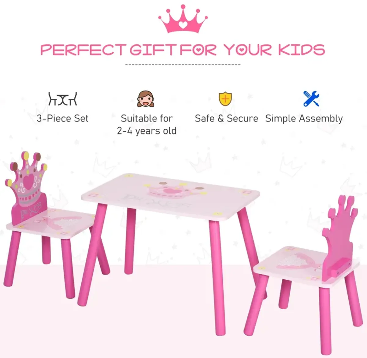 Pink Princess Set: Kids 3-Piece Wood Table and Chair with Crown Pattern