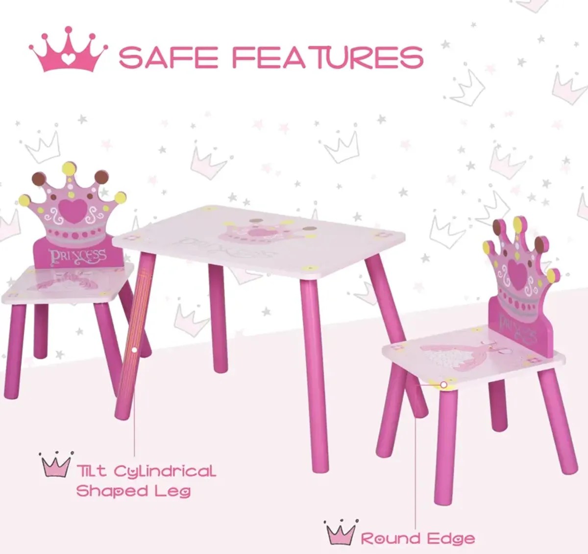 Pink Princess Set: Kids 3-Piece Wood Table and Chair with Crown Pattern