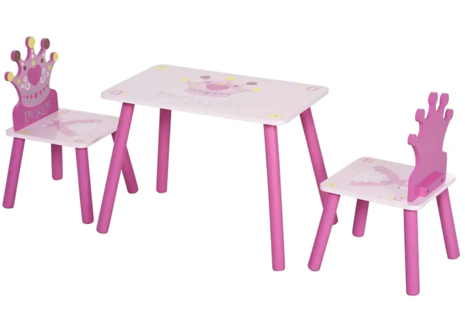 Pink Princess Set: Kids 3-Piece Wood Table and Chair with Crown Pattern