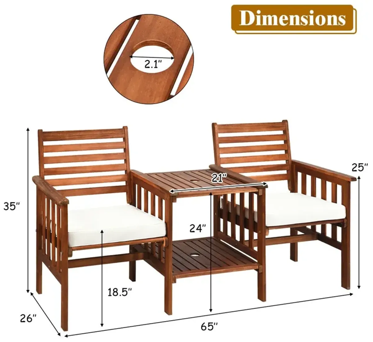 3 pcs Outdoor Patio Table Chairs Set Acacia Wood Loveseat