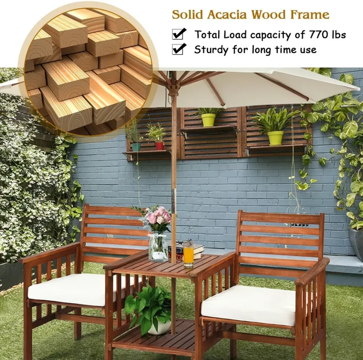 3 pcs Outdoor Patio Table Chairs Set Acacia Wood Loveseat