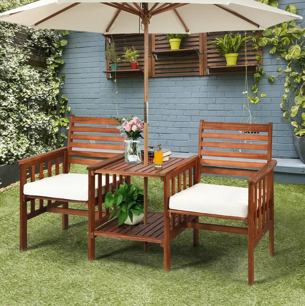 3 pcs Outdoor Patio Table Chairs Set Acacia Wood Loveseat