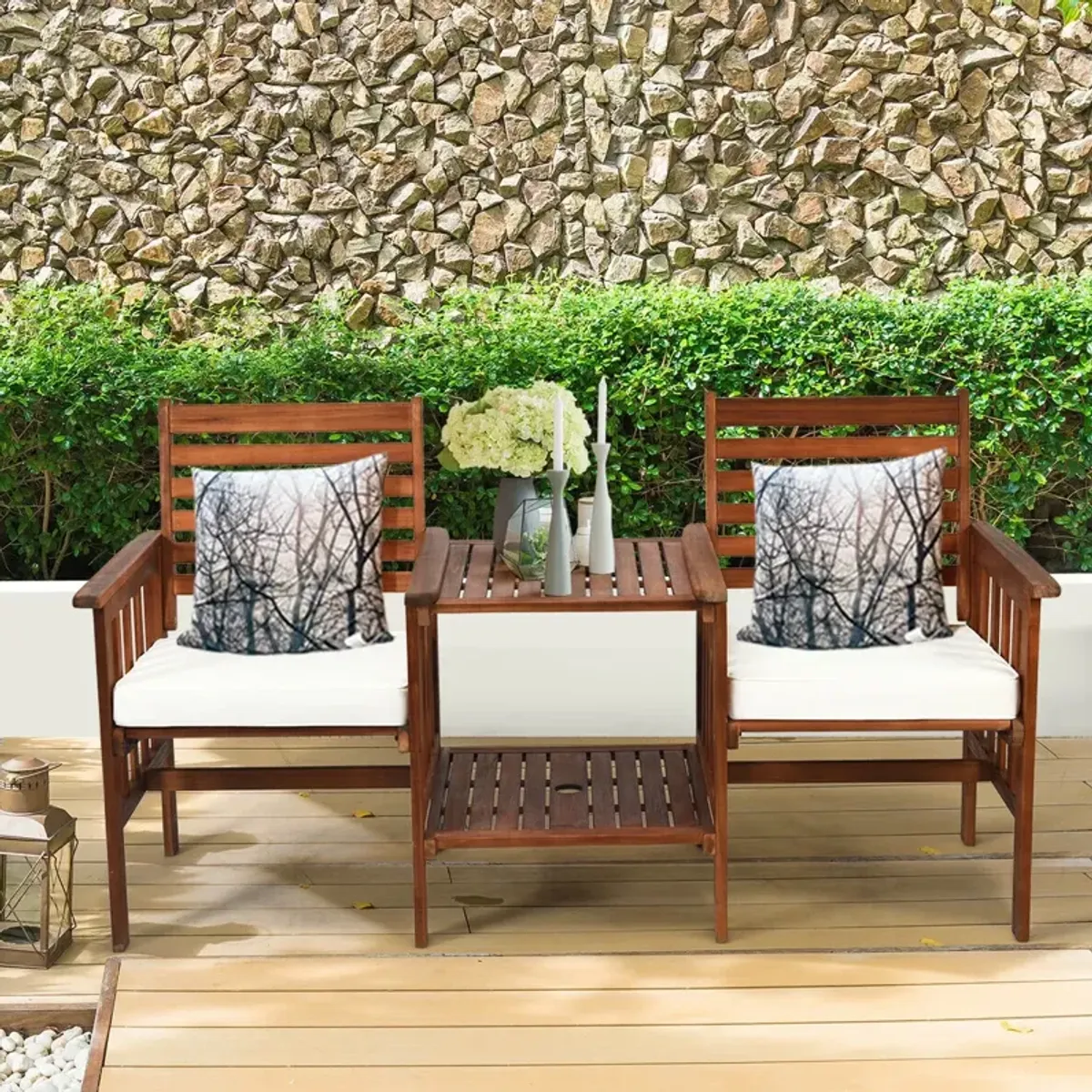 3 pcs Outdoor Patio Table Chairs Set Acacia Wood Loveseat