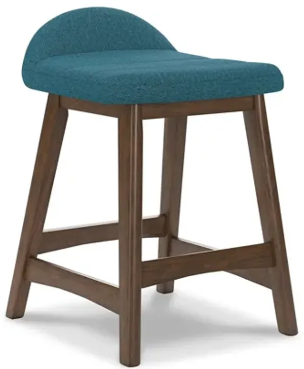 Jeyn Counter Stool with Footrest Set of 2, Brown Hardwood, Blue Seat - Benzara