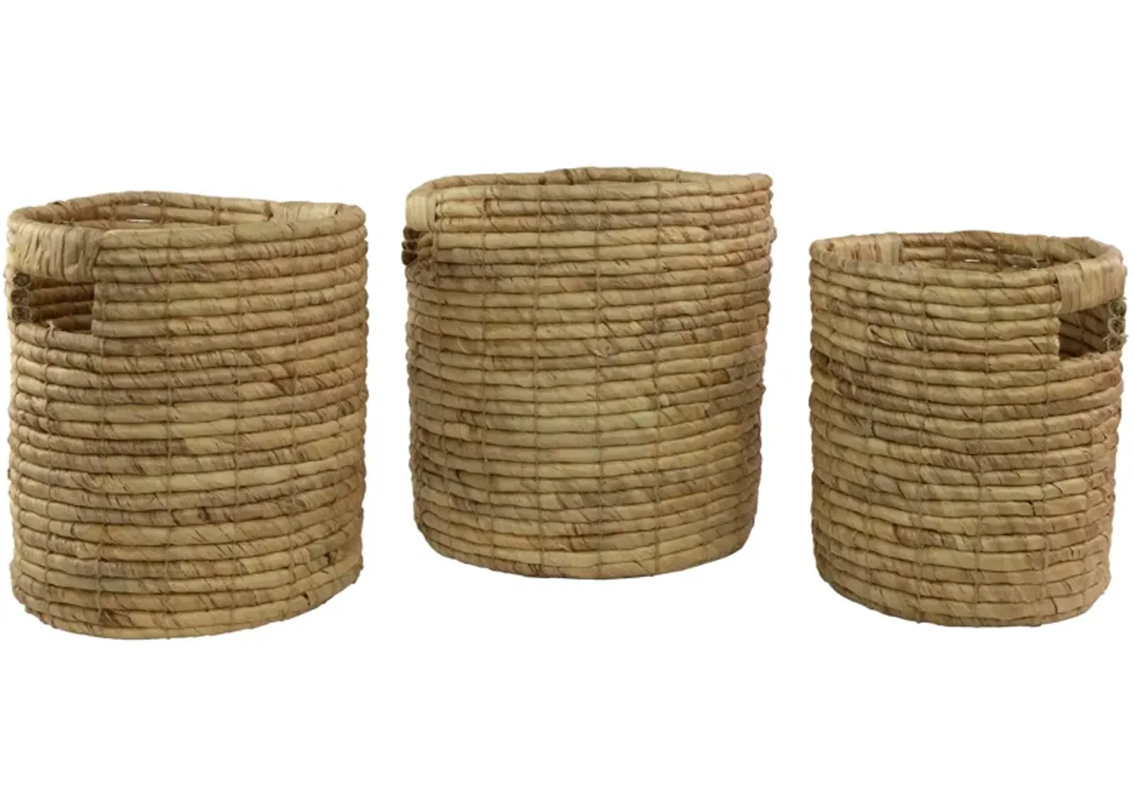 Set of 3 Light Brown Natural Woven Table and Floor Cylindrical Seagrass Baskets