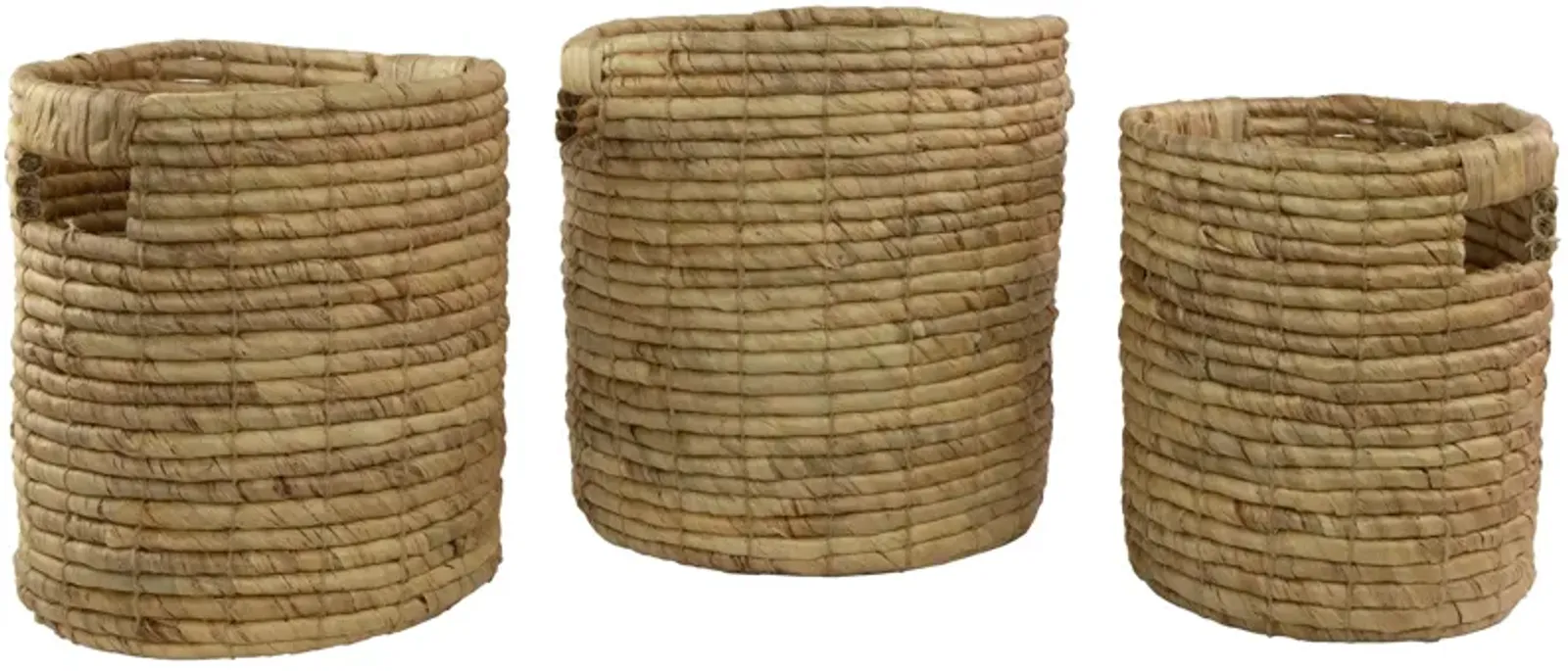 Set of 3 Light Brown Natural Woven Table and Floor Cylindrical Seagrass Baskets