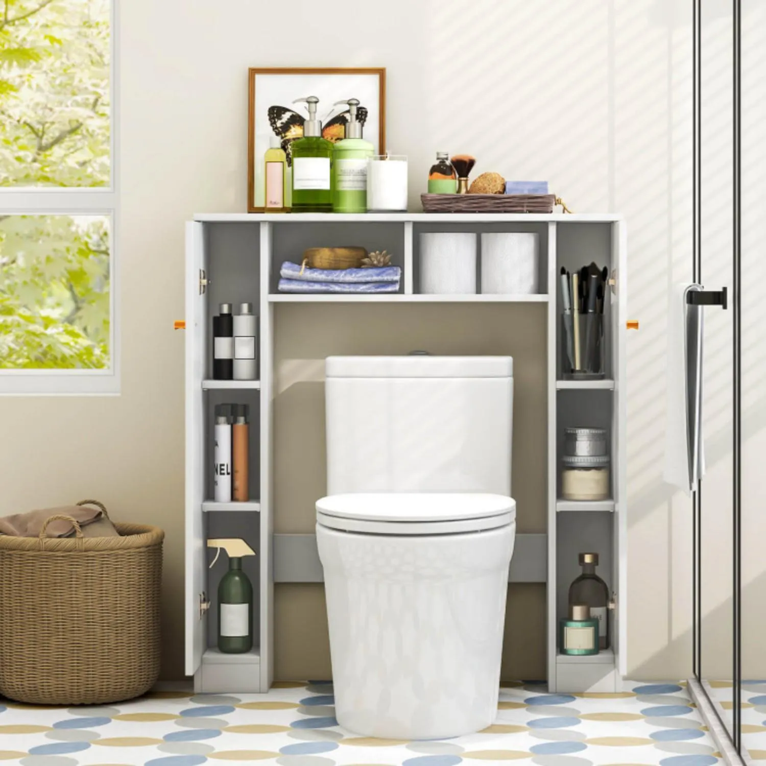 Hivvago Over The Toilet Storage Cabinet with 2 Open Compartments and 4 Adjustable Shelves