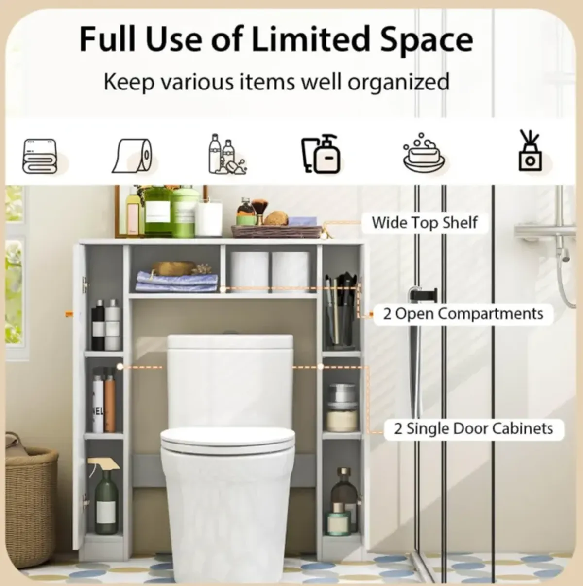 Hivvago Over The Toilet Storage Cabinet with 2 Open Compartments and 4 Adjustable Shelves