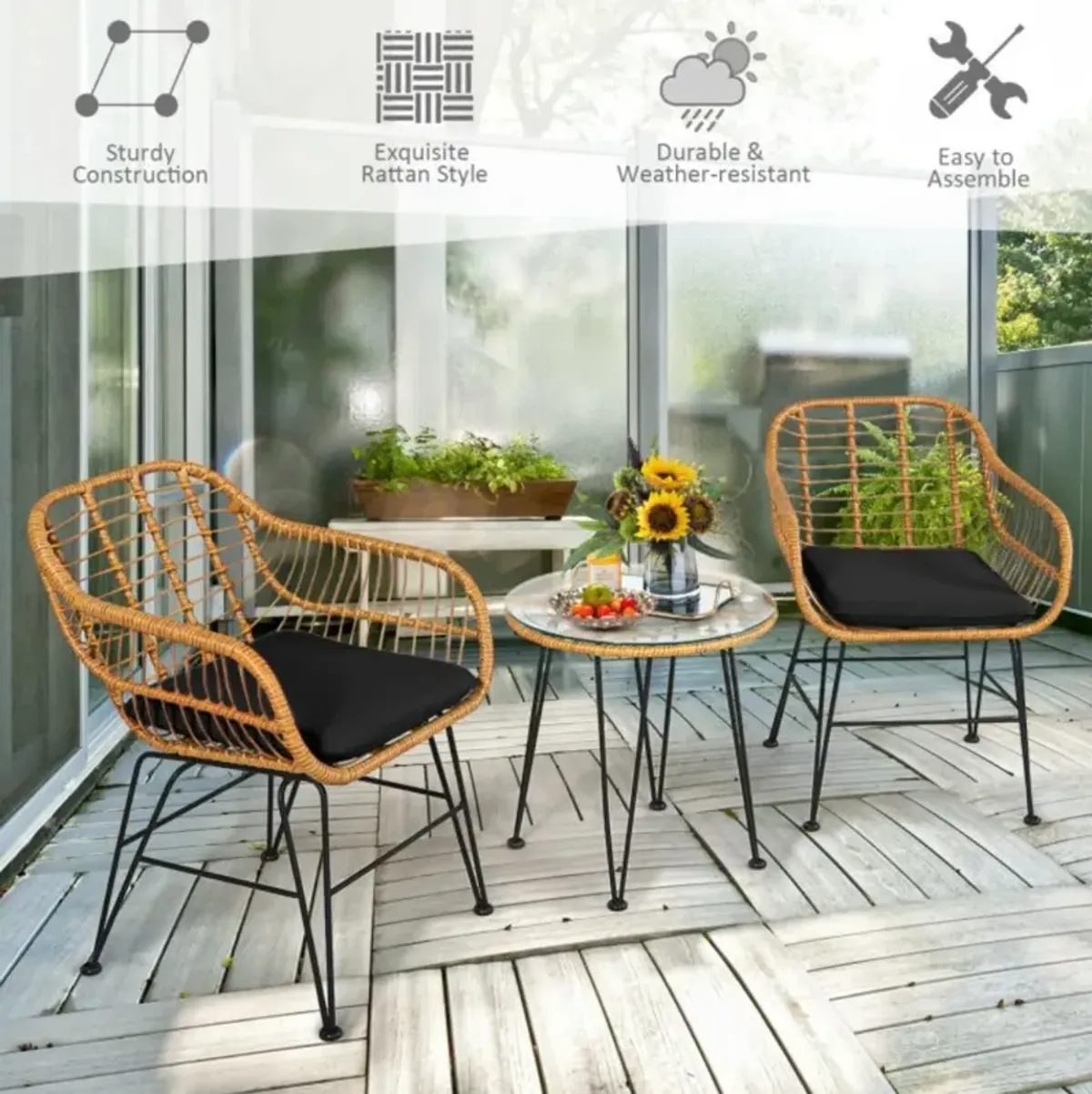 Hivvago 3 Pieces Rattan Furniture Set with Cushioned Chair Table