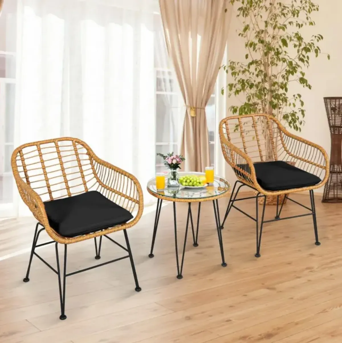 Hivvago 3 Pieces Rattan Furniture Set with Cushioned Chair Table