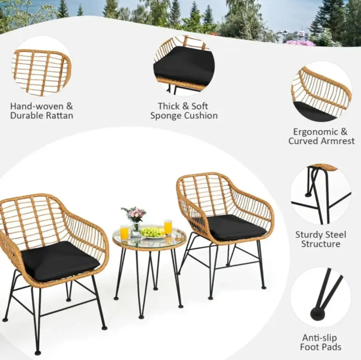 Hivvago 3 Pieces Rattan Furniture Set with Cushioned Chair Table