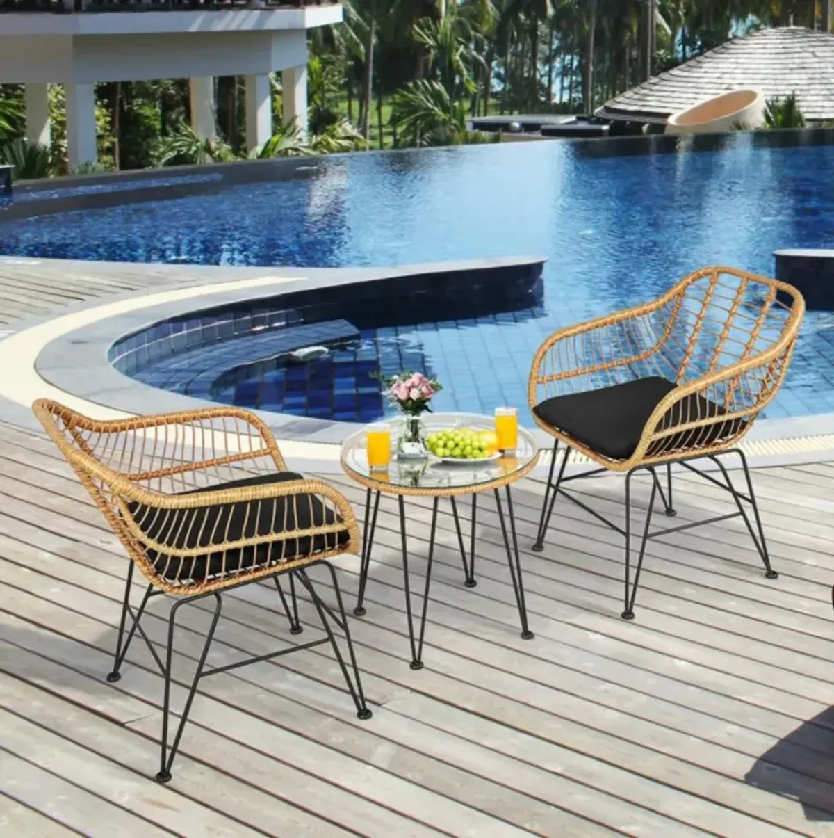 Hivvago 3 Pieces Rattan Furniture Set with Cushioned Chair Table