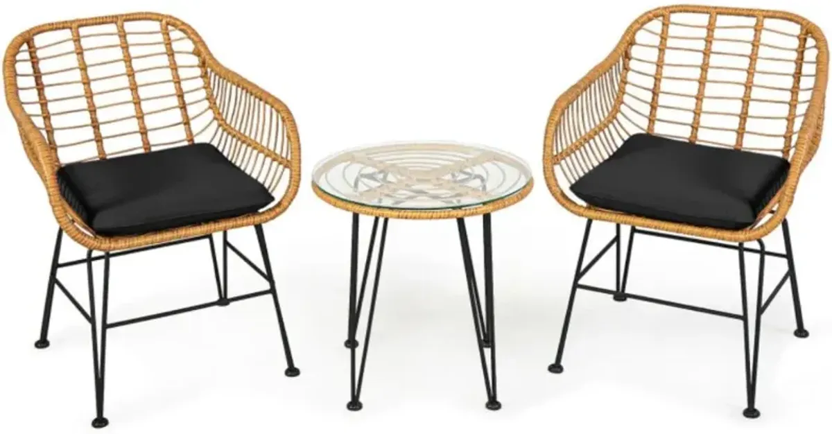 Hivvago 3 Pieces Rattan Furniture Set with Cushioned Chair Table