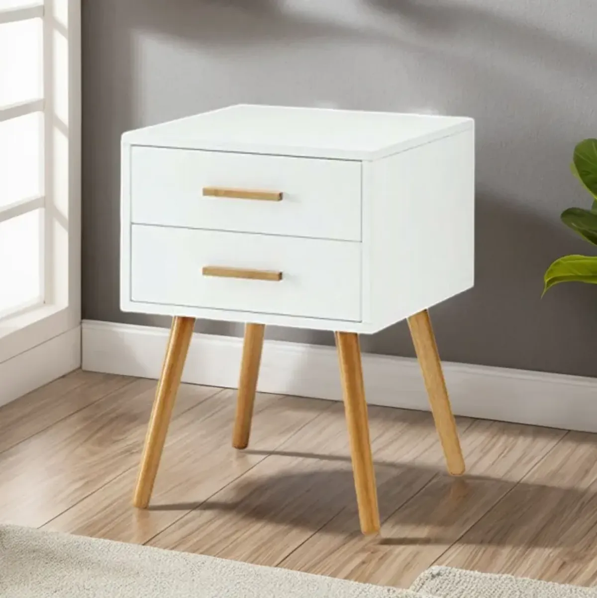 Hivvago Modern 2-Drawer End Table Nightstand in White with Mid-Century Style Wood Legs