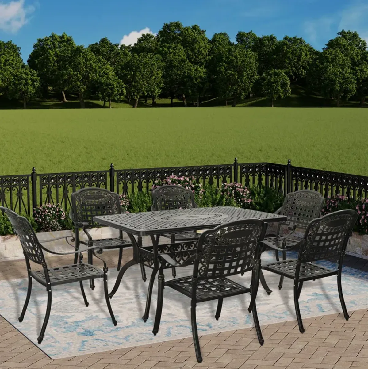 MONDAWE 7-Piece Aluminum Rectangle Checkerboard Table Patio Dining Set with Pattern Chairs