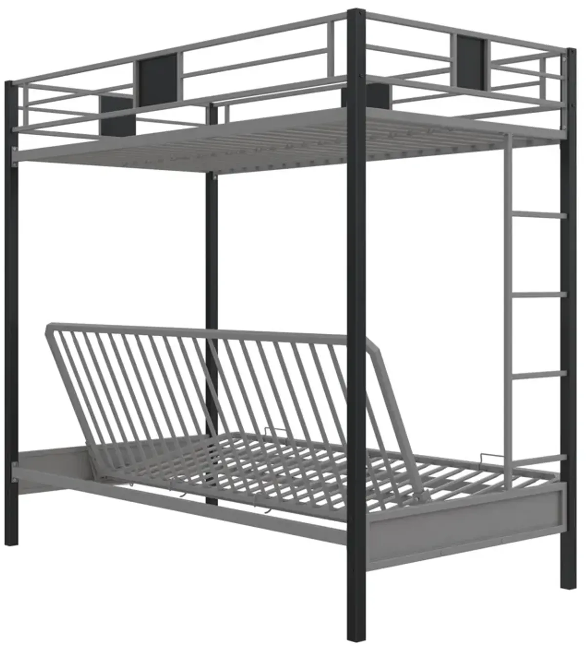 Reeta Twin over Futon Metal Bunk Bed, Silver and Black