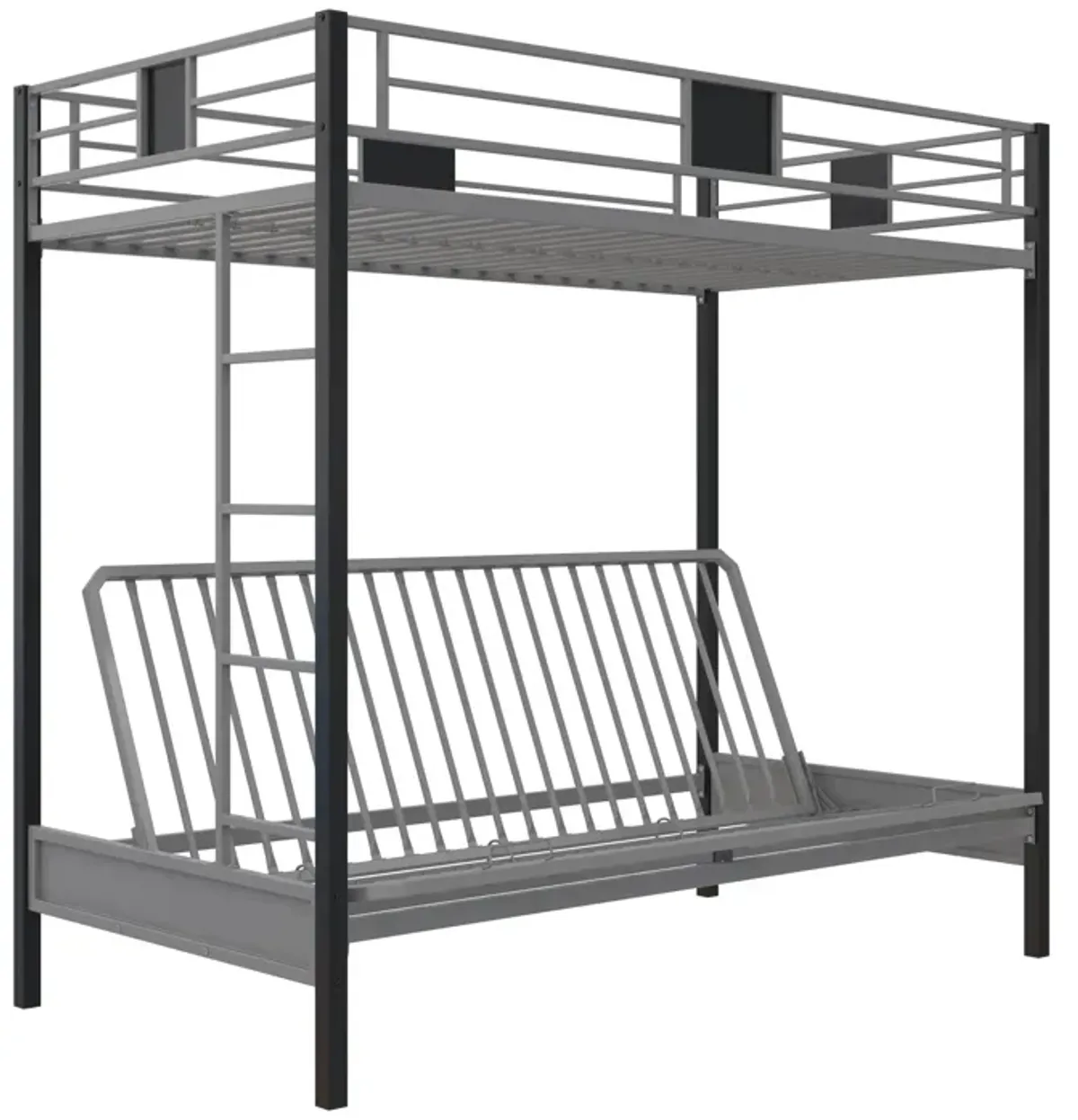 Reeta Twin over Futon Metal Bunk Bed, Silver and Black