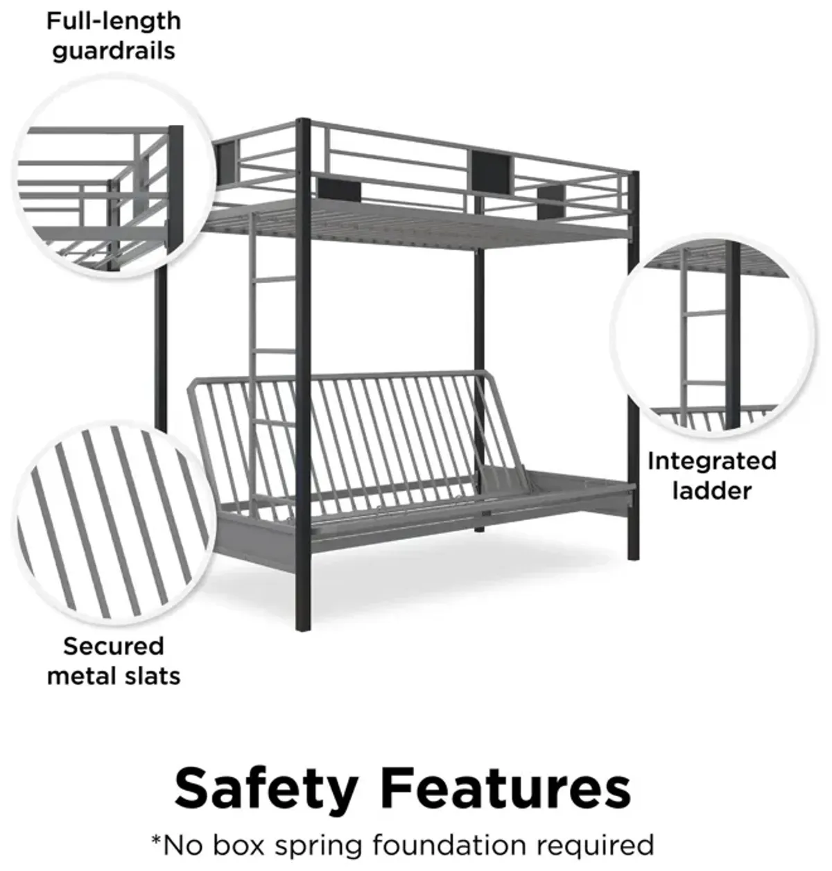 Reeta Twin over Futon Metal Bunk Bed, Silver and Black