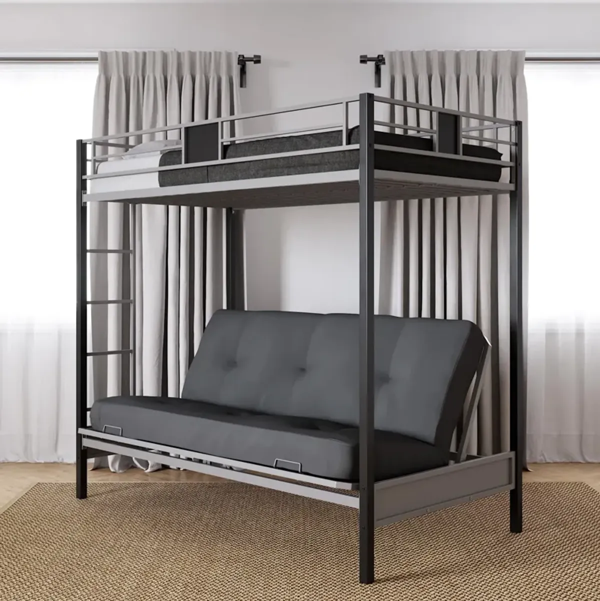 Reeta Twin over Futon Metal Bunk Bed, Silver and Black