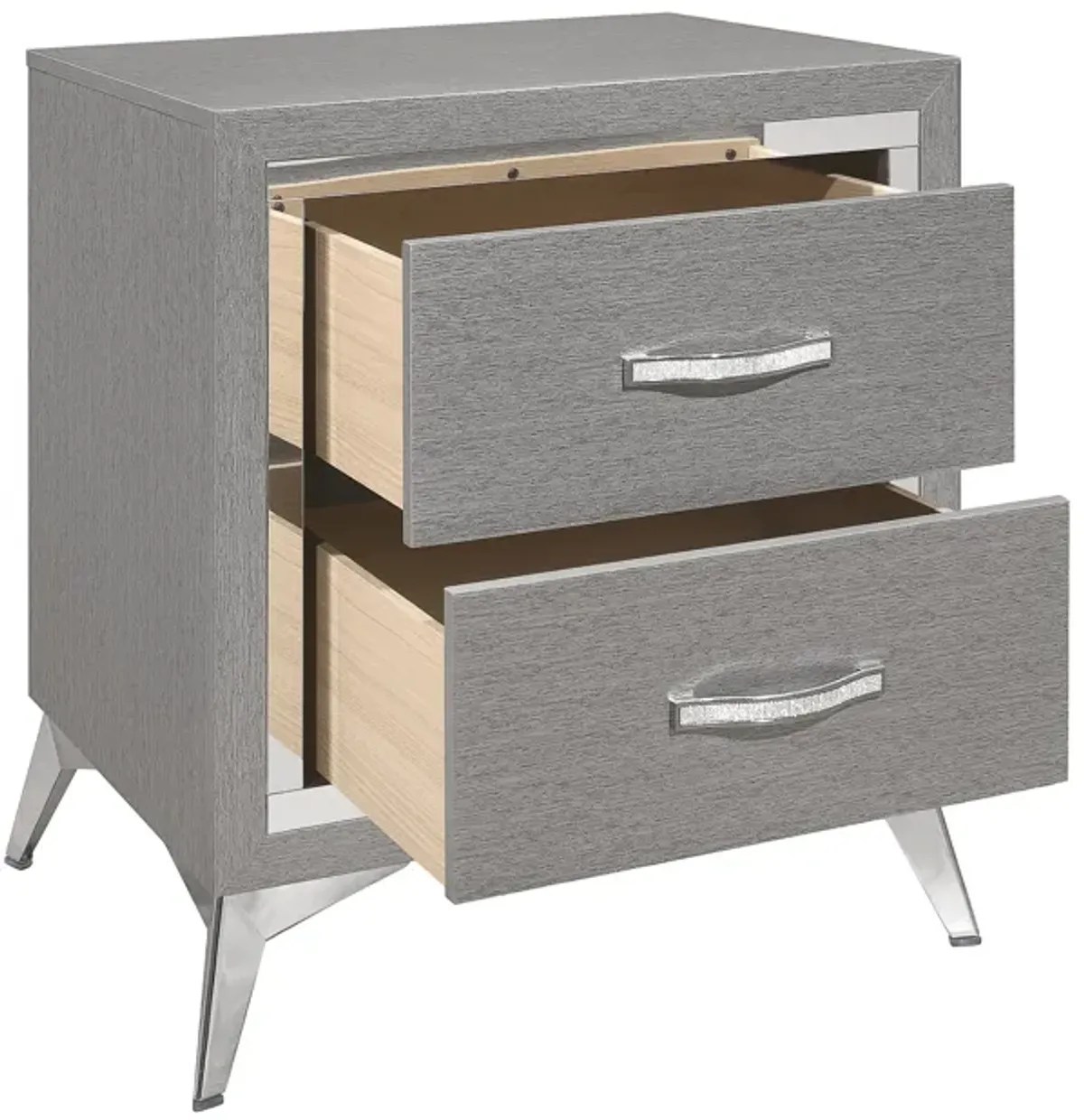 Haya 24 Inch 2 Drawer Nightstand, Embossed Smooth Gray Wood, Silver Trim - Benzara