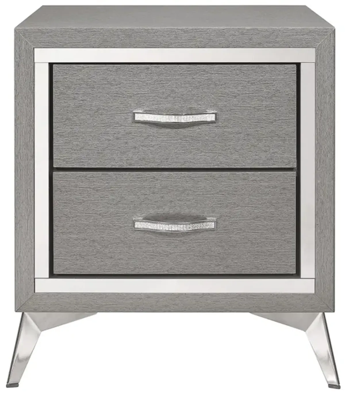 Haya 24 Inch 2 Drawer Nightstand, Embossed Smooth Gray Wood, Silver Trim - Benzara