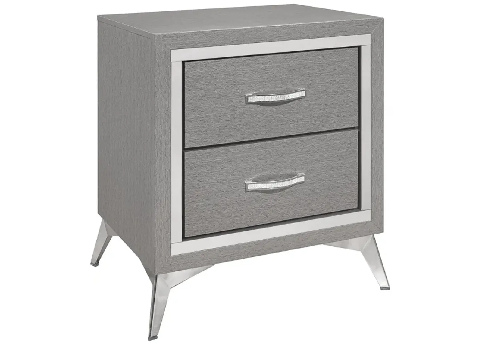 Haya 24 Inch 2 Drawer Nightstand, Embossed Smooth Gray Wood, Silver Trim - Benzara