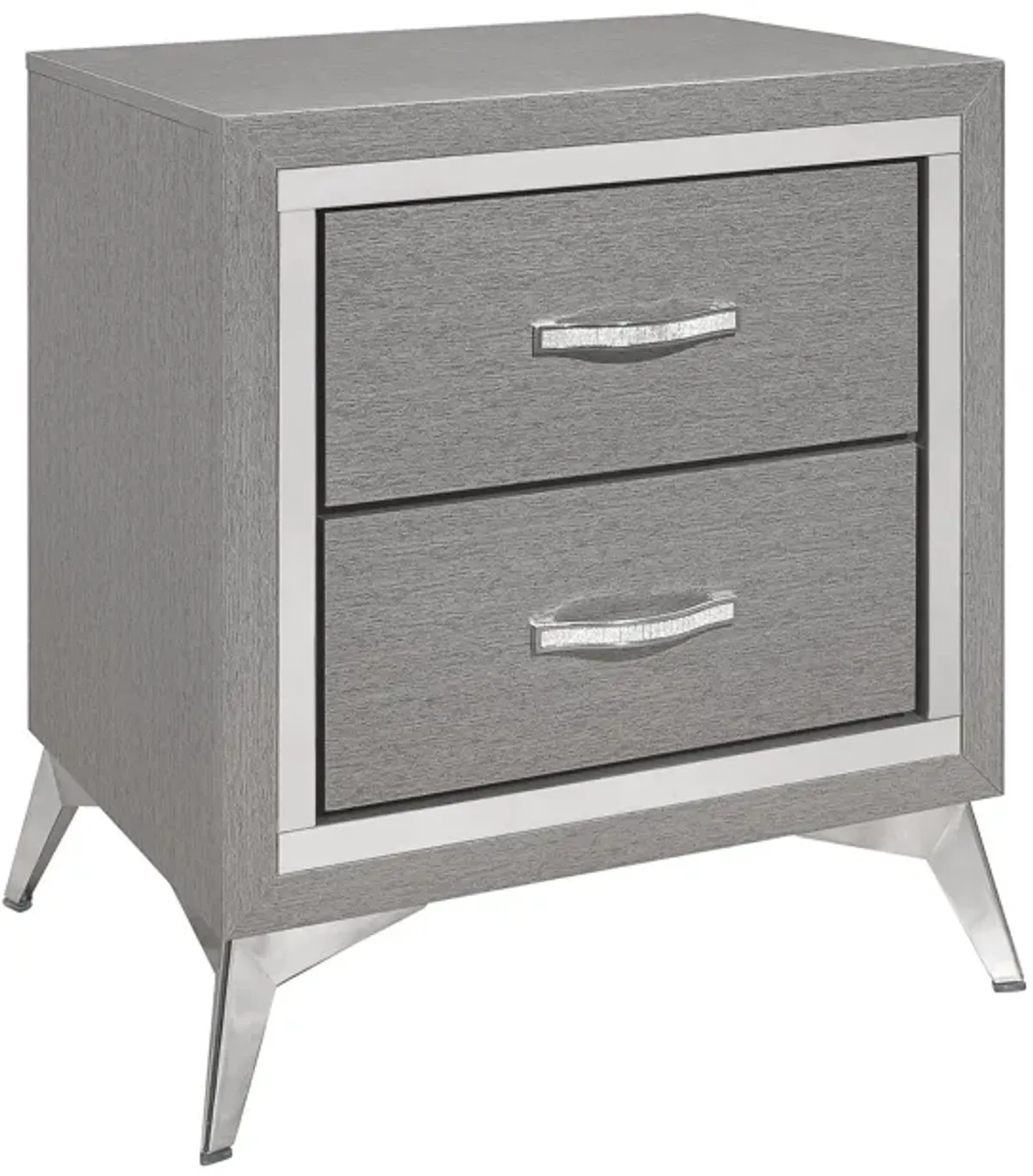 Haya 24 Inch 2 Drawer Nightstand, Embossed Smooth Gray Wood, Silver Trim - Benzara