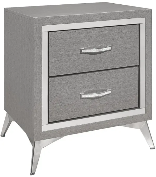 Haya 24 Inch 2 Drawer Nightstand, Embossed Smooth Gray Wood, Silver Trim - Benzara