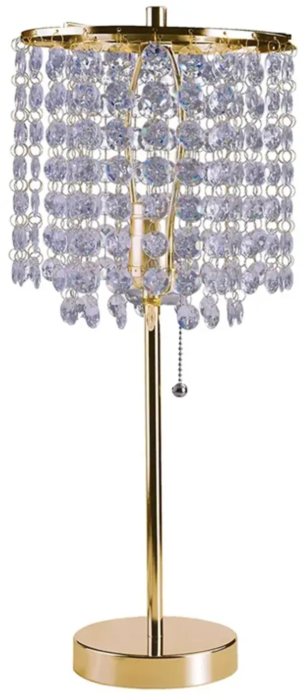 Metal Stalk Design Table Lamp with Hanging Crystals Shade, Gold - Benzara