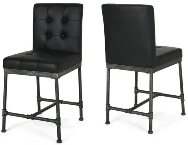 Bruke Counter Height Chair Set of 2, Black Tufted Faux Leather, Metal - Benzara