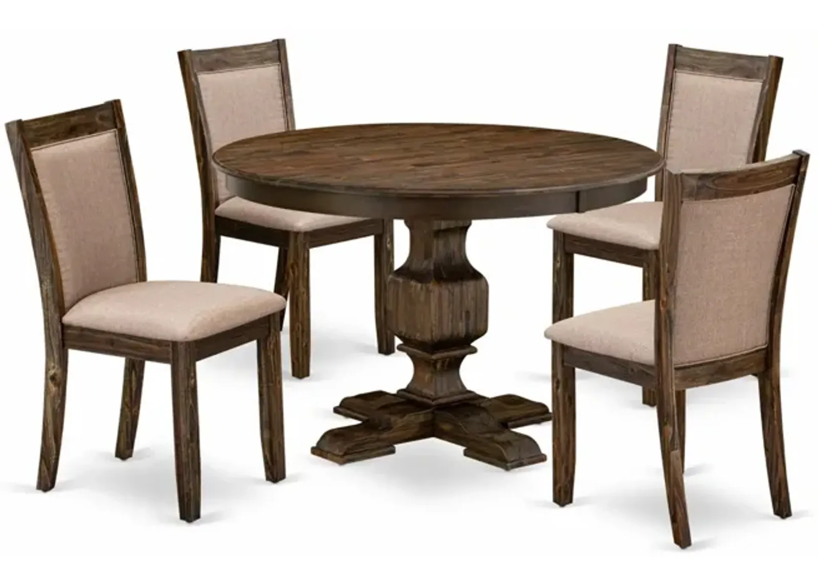 East West Furniture F3MZ5-716 5Pc Dining Room Set - Round Table and 4 Parson Chairs - Distressed Jacobean Color